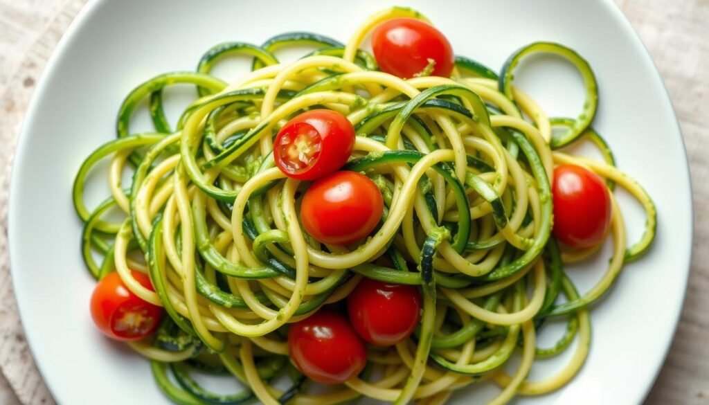 Zucchini Noodles with Pesto and Cherry Tomatoes